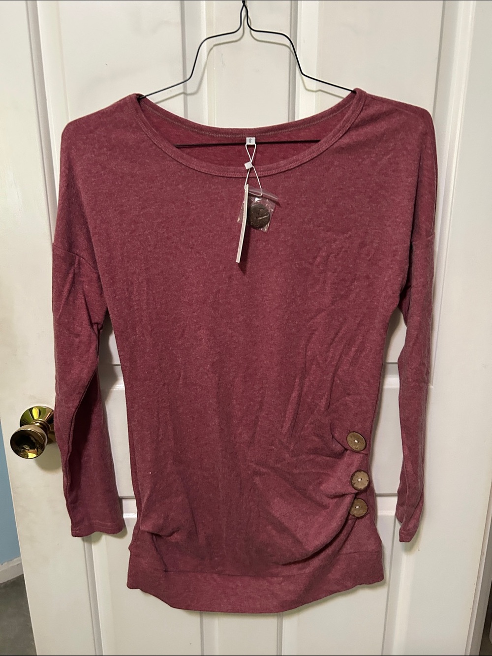 Muhadrs Women's Long Sleeve Crewneck Top with Button Detail - Rose Size S